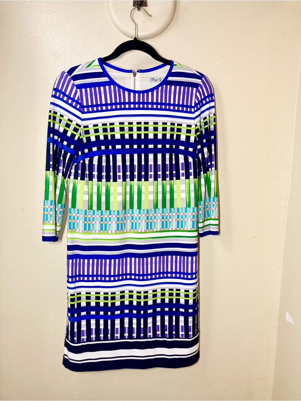 Eliza J Multi-Color Abstract Geometric Print Mid Length Sleeve Shift Midi Dress